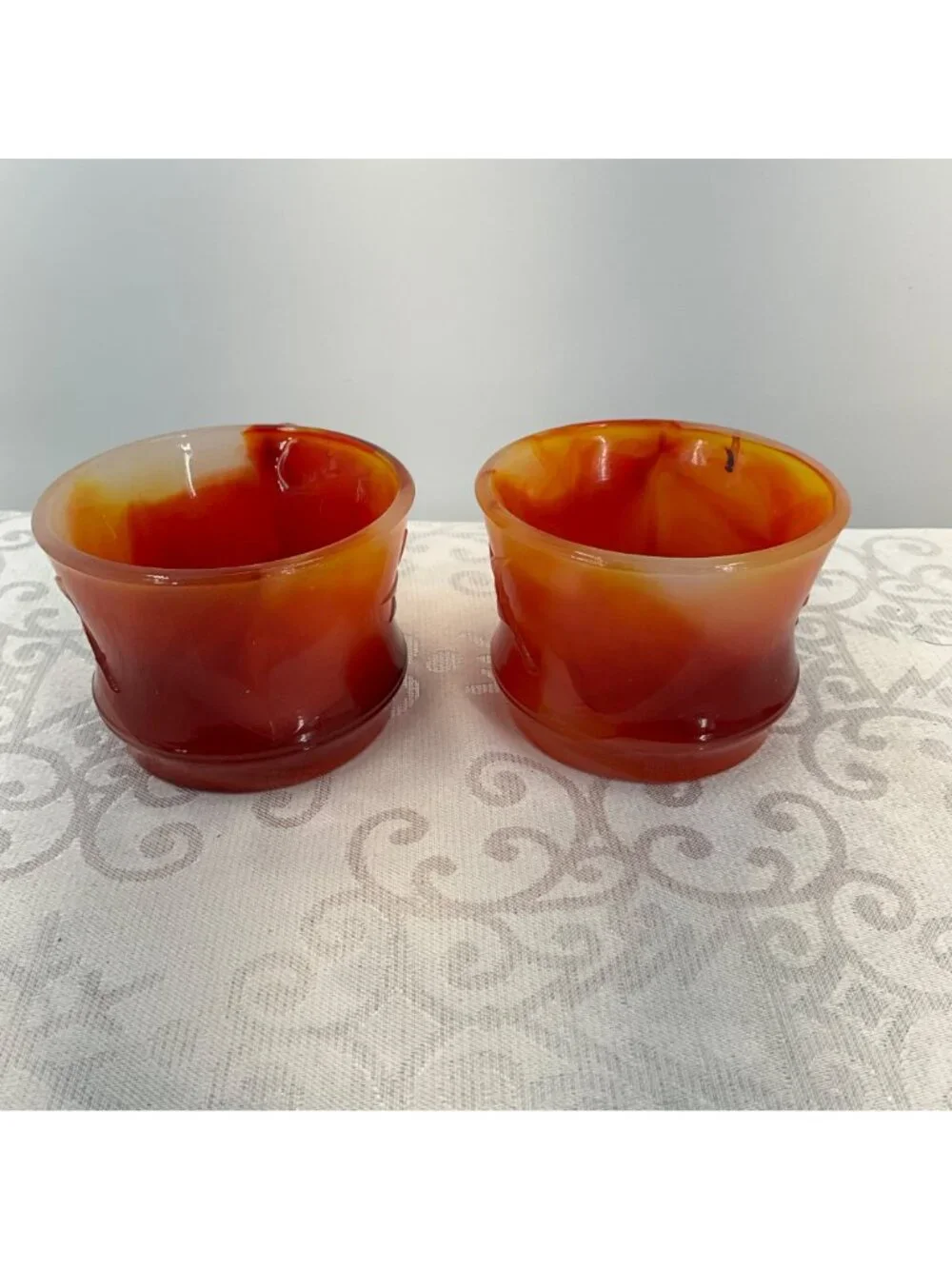 Vintage Amberina Cadmium Glass Set/2 Cupos UV Reactive Tiny Chip